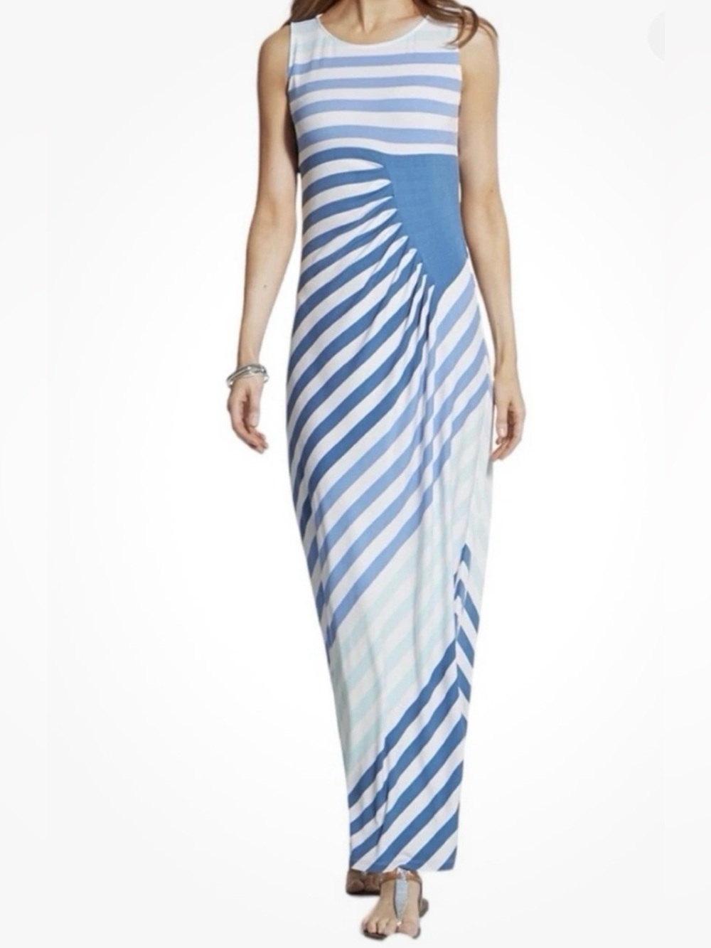Chico's Blue White Seaside Striped Sleeveless Maxi Dress Size 0 Side Ruched NEW